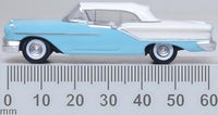 Oxford Diecast 87OC57002 1957 Oldsmobile 88 Convertible with roof up, Banff Blue and Alcan White, 1:87 scale model, side view with millimetre scale.