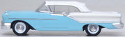 Oxford Diecast 87OC57002 1957 Oldsmobile 88 Convertible with roof up, Banff Blue and Alcan White, 1:87 scale model, left side view.