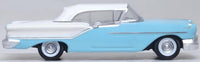 Oxford Diecast 87OC57002 1957 Oldsmobile 88 Convertible with roof up, Banff Blue and Alcan White, 1:87 scale model, right side view.