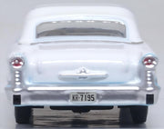 Oxford Diecast 87OC57002 1957 Oldsmobile 88 Convertible with roof up, Banff Blue and Alcan White, 1:87 scale model, rear view.