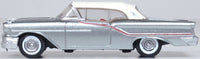 Oxford Diecast 87OC57003 1957 Oldsmobile 88 Convertible with closed white roof, Juneau Gray and red accents, 1:87 scale model, left side view.