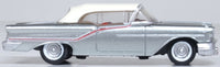 Oxford Diecast 87OC57003 1957 Oldsmobile 88 Convertible with closed white roof, Juneau Gray and red accents, 1:87 scale model, right side view.