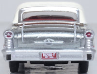 Oxford Diecast 87OC57003 1957 Oldsmobile 88 Convertible with closed white roof, Juneau Gray and red accents, 1:87 scale model, rear view.