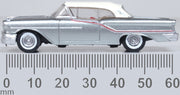 Oxford Diecast 87OC57003 1957 Oldsmobile 88 Convertible with closed white roof, Juneau Gray and red accents, 1:87 scale model, side view with millimetre scale.