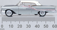Oxford Diecast 87OC57003 1957 Oldsmobile 88 Convertible with closed white roof, Juneau Gray and red accents, 1:87 scale model, side view with millimetre scale.