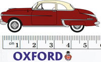 Oxford Diecast 87OR50001 1950 Oldsmobile Rocket 88 Coupe in Chariot Red and Canto Cream, 1:87 scale, manufacturer side-view illustration with centimetre scale.