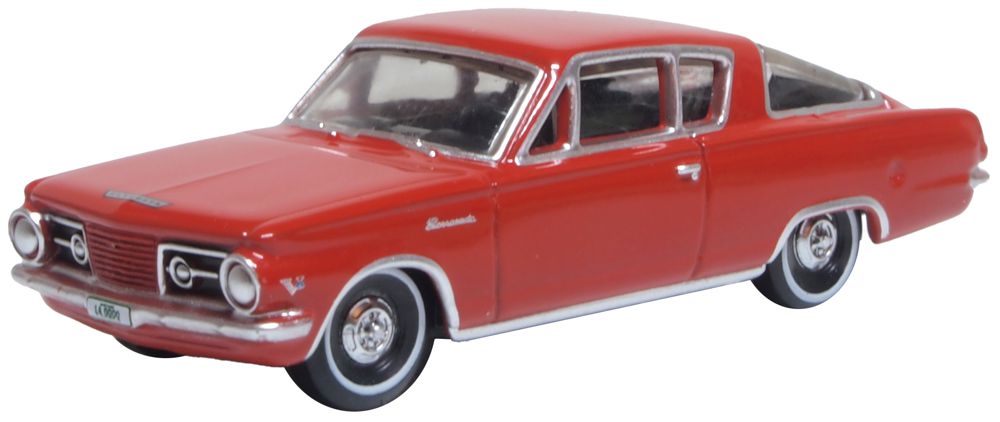 Oxford Diecast 87PB65002 1965 Plymouth Barracuda in Medium Red, 1:87 scale model, front three-quarter view.