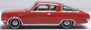 Oxford Diecast 87PB65002 1965 Plymouth Barracuda in Medium Red, 1:87 scale model, left side view.