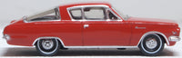 Oxford Diecast 87PB65002 1965 Plymouth Barracuda in Medium Red, 1:87 scale model, right side view.
