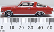Oxford Diecast 87PB65002 1965 Plymouth Barracuda in Medium Red, 1:87 scale model, side view with millimetre scale.