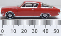 Oxford Diecast 87PB65002 1965 Plymouth Barracuda in Medium Red, 1:87 scale model, side view with millimetre scale.