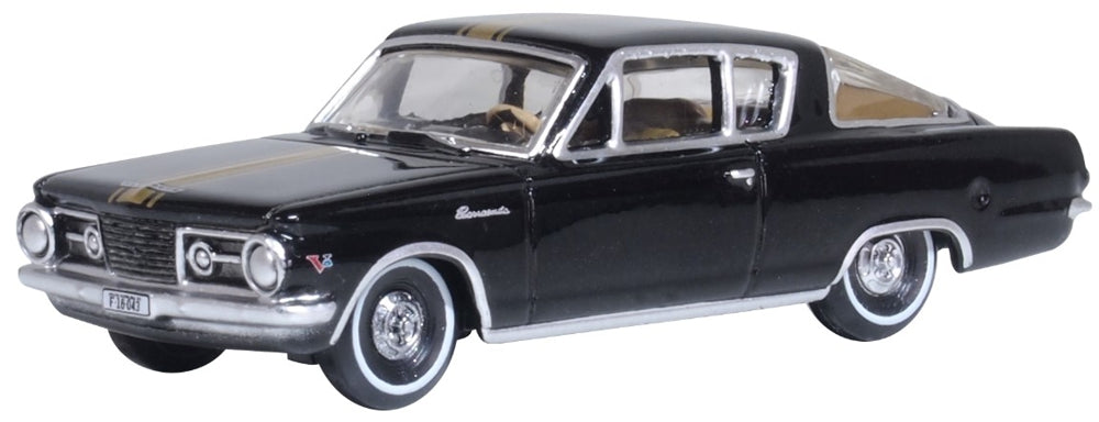 Oxford Diecast 87PB65004 1965 Plymouth Barracuda in Black and Gold, 1:87 scale model, front three-quarter view.