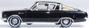 Oxford Diecast 87PB65004 1965 Plymouth Barracuda in Black and Gold, 1:87 scale model, left side view.