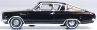 Oxford Diecast 87PB65004 1965 Plymouth Barracuda in Black and Gold, 1:87 scale model, left side view.