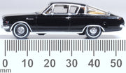 Oxford Diecast 87PB65004 1965 Plymouth Barracuda in Black and Gold, 1:87 scale model, side view with millimetre scale.