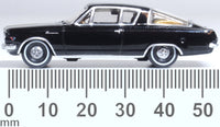 Oxford Diecast 87PB65004 1965 Plymouth Barracuda in Black and Gold, 1:87 scale model, side view with millimetre scale.