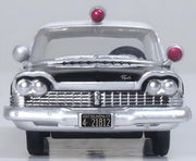 Oxford Diecast 87PS59001 1959 Plymouth Savoy Sedan Oklahoma Highway Patrol, 1:87 scale model, front view.
