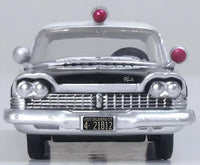 Oxford Diecast 87PS59001 1959 Plymouth Savoy Sedan Oklahoma Highway Patrol, 1:87 scale model, front view.