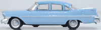 Oxford Diecast 87PS59003 1959 Plymouth Savoy Sedan in Powder Blue, 1:87 scale model, left side view.