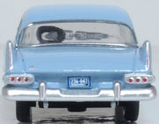 Oxford Diecast 87PS59003 1959 Plymouth Savoy Sedan in Powder Blue, 1:87 scale model, rear view.