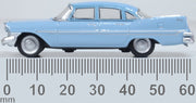 Oxford Diecast 87PS59003 1959 Plymouth Savoy Sedan in Powder Blue, 1:87 scale model, side view with millimetre scale.
