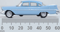 Oxford Diecast 87PS59003 1959 Plymouth Savoy Sedan in Powder Blue, 1:87 scale model, side view with millimetre scale.
