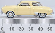 Oxford Diecast 87SC50001 1950 Studebaker Champion Starlight Coupe in Tulip Cream, 1:87 scale model, side view with millimetre scale.