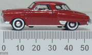 Oxford Diecast 87SC50003 1950 Studebaker Champion Starlight Coupe in Commanche Red, 1:87 scale model, side view with millimetre scale.