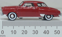 Oxford Diecast 87SC50003 1950 Studebaker Champion Starlight Coupe in Commanche Red, 1:87 scale model, side view with millimetre scale.