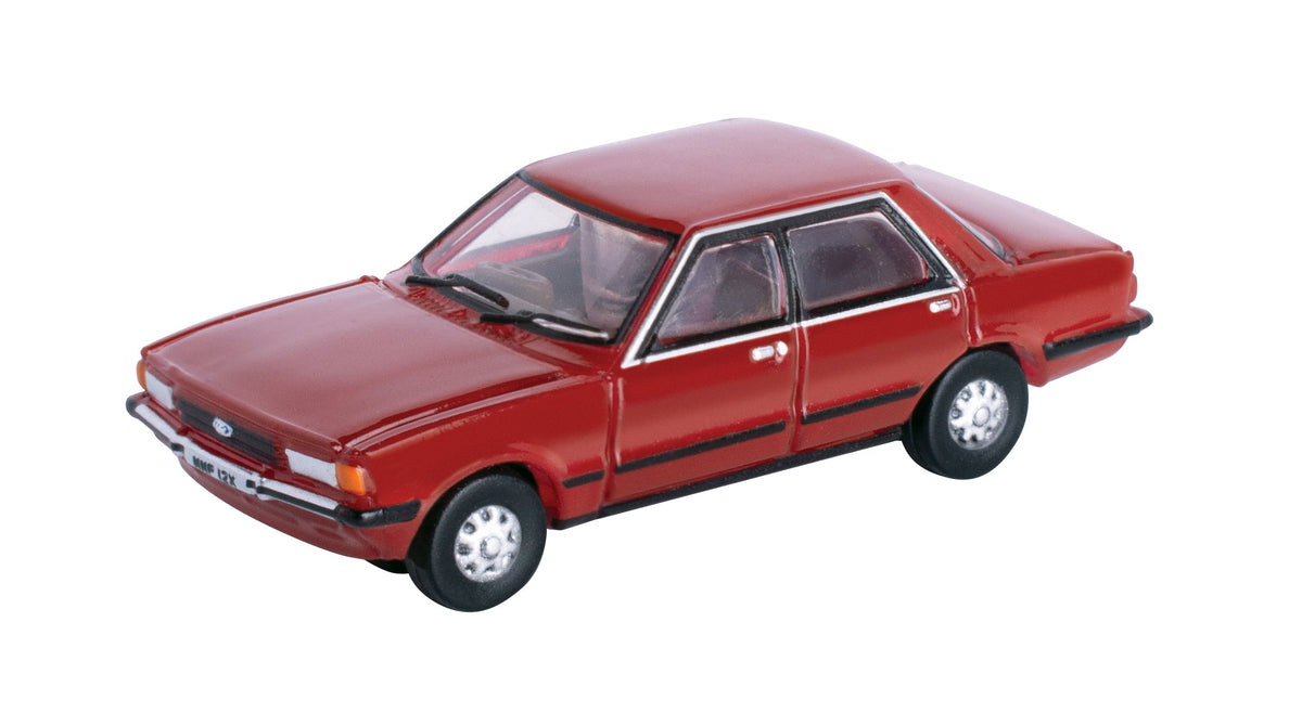 Oxford Diecast NFC5001 Ford Cortina Mk5 in Cardinal Red, 1:148 scale model, front three-quarter view.