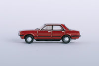 Oxford Diecast NFC5001 Ford Cortina Mk5 in Cardinal Red, 1:148 scale model, left side view.