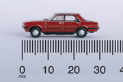 Oxford Diecast NFC5001 Ford Cortina Mk5 in Cardinal Red, 1:148 scale model, side view with millimetre scale.