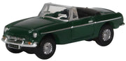 Oxford Diecast NMGB003 MGB Roadster in British Racing Green, 1:148 scale model, front three-quarter view.