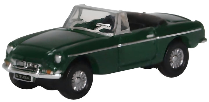 Oxford Diecast NMGB003 MGB Roadster in British Racing Green, 1:148 scale model, front three-quarter view.