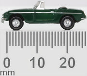Oxford Diecast NMGB003 MGB Roadster in British Racing Green, 1:148 scale model, side view with millimetre scale.