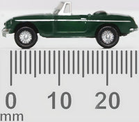 Oxford Diecast NMGB003 MGB Roadster in British Racing Green, 1:148 scale model, side view with millimetre scale.
