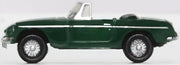 Oxford Diecast NMGB003 MGB Roadster in British Racing Green, 1:148 scale model, left side view.