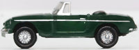 Oxford Diecast NMGB003 MGB Roadster in British Racing Green, 1:148 scale model, left side view.