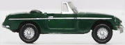 Oxford Diecast NMGB003 MGB Roadster in British Racing Green, 1:148 scale model, right side view.