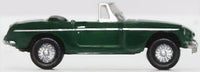 Oxford Diecast NMGB003 MGB Roadster in British Racing Green, 1:148 scale model, right side view.