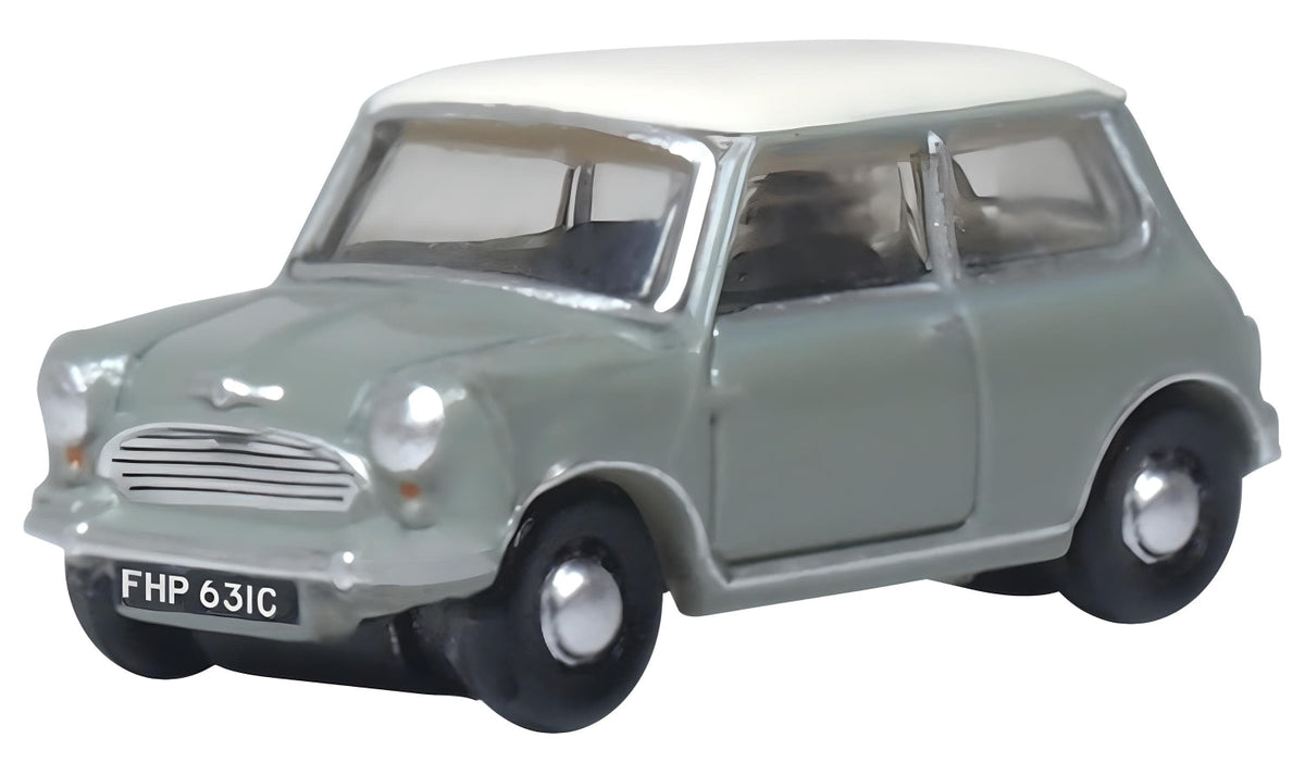 Oxford Diecast NMN009 Classic Mini in Tweed Grey and Old English White, 1:148 scale, front three-quarter view.