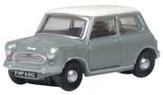 Oxford Diecast NMN009 Classic Mini in Tweed Grey and Old English White, 1:148 scale, front three-quarter view.
