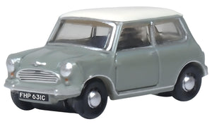 Oxford Diecast NMN009 Classic Mini in Tweed Grey and Old English White, 1:148 scale, front three-quarter view.