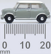 Oxford Diecast NMN009 Classic Mini in Tweed Grey and Old English White, 1:148 scale, side view with millimetre scale.