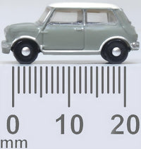 Oxford Diecast NMN009 Classic Mini in Tweed Grey and Old English White, 1:148 scale, side view with millimetre scale.