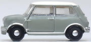 Oxford Diecast NMN009 Classic Mini in Tweed Grey and Old English White, 1:148 scale, left side view.