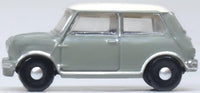 Oxford Diecast NMN009 Classic Mini in Tweed Grey and Old English White, 1:148 scale, left side view.