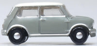 Oxford Diecast NMN009 Classic Mini in Tweed Grey and Old English White, 1:148 scale, right side view.