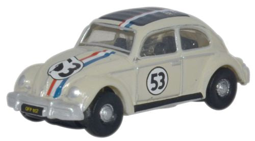 Oxford Diecast NVWB001 Volkswagen Beetle number 53 with racing stripes, 1:148 N scale.