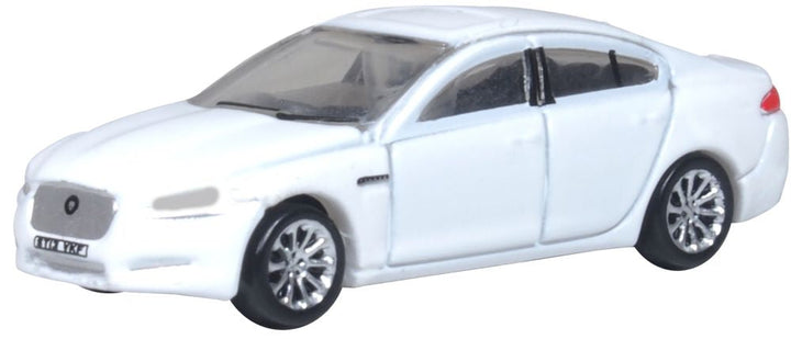 Oxford Diecast NXF005 Jaguar XF in Polaris White, 1:148 N scale — front three-quarter view.